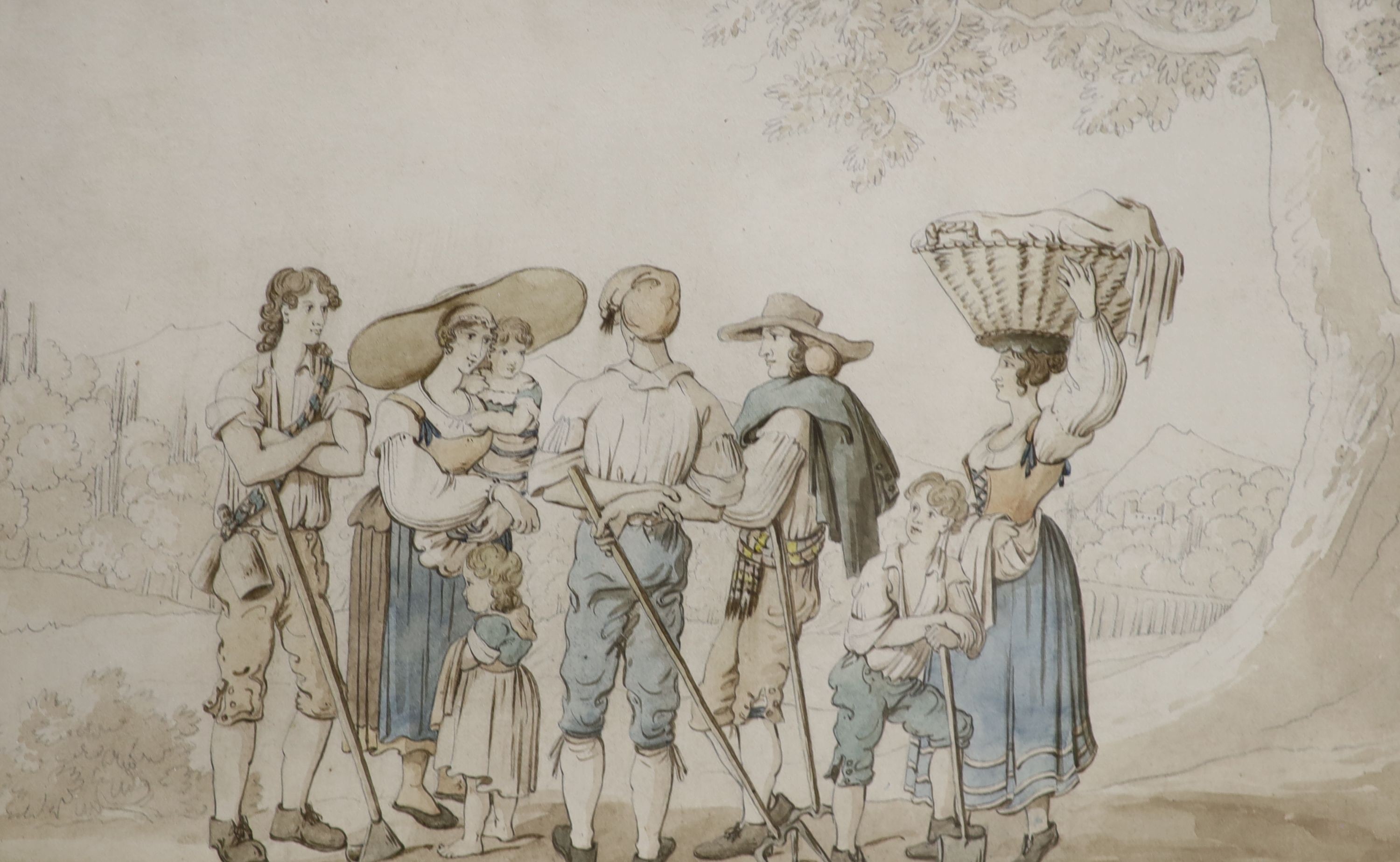 Tyrolean School, late 18th century, country folk in a landscape, pen and watercolour and wash, 20 x 32cm.